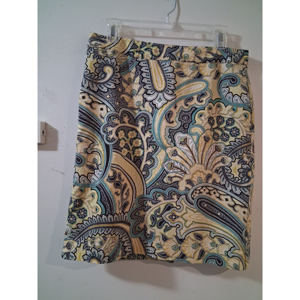 Van Heusen Studio Womens Yellow Teal Paisley Cotton Pencil Skirt Size 6